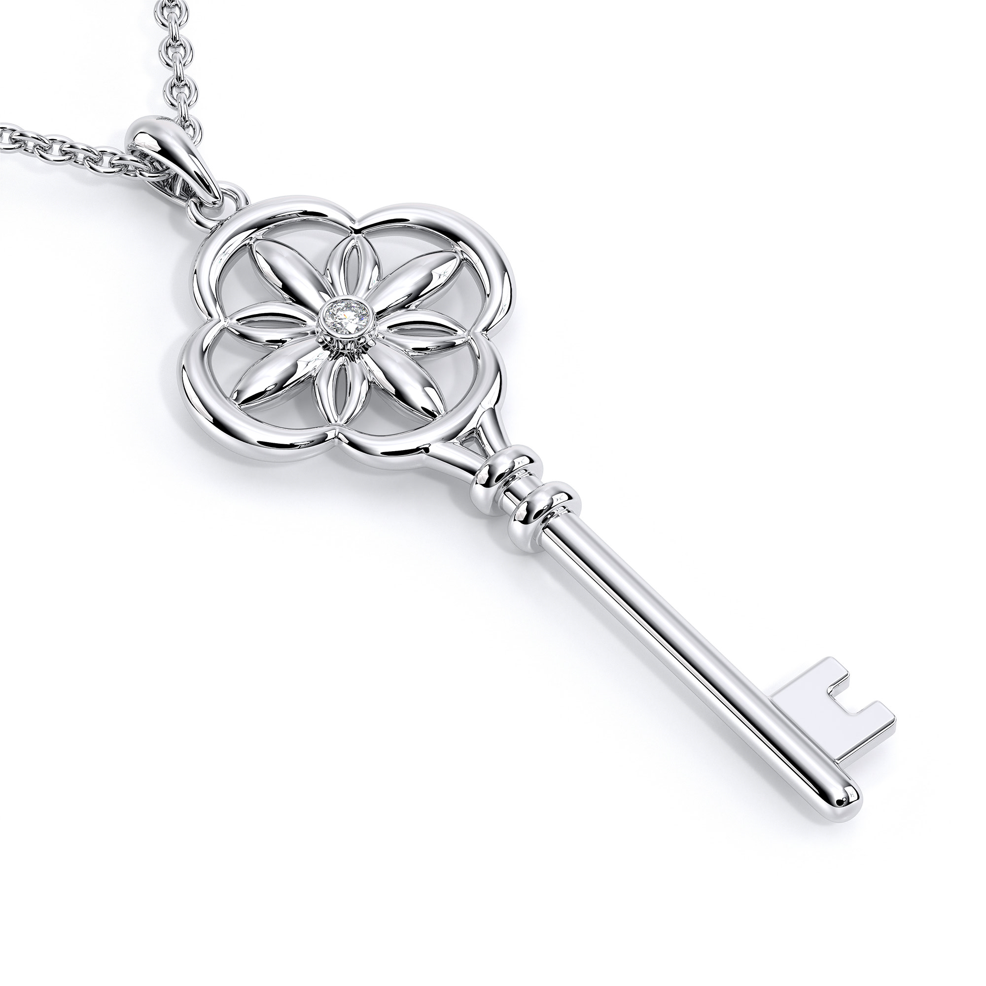Diamond Pendant Key Pendant Necklace Womens Gift 14K Solid Gold Bridal Jewelry